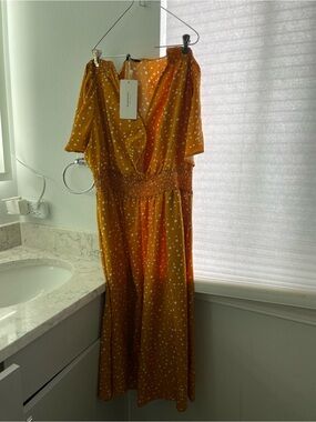 BloomChic Mustard Polka Dot Midi Dress